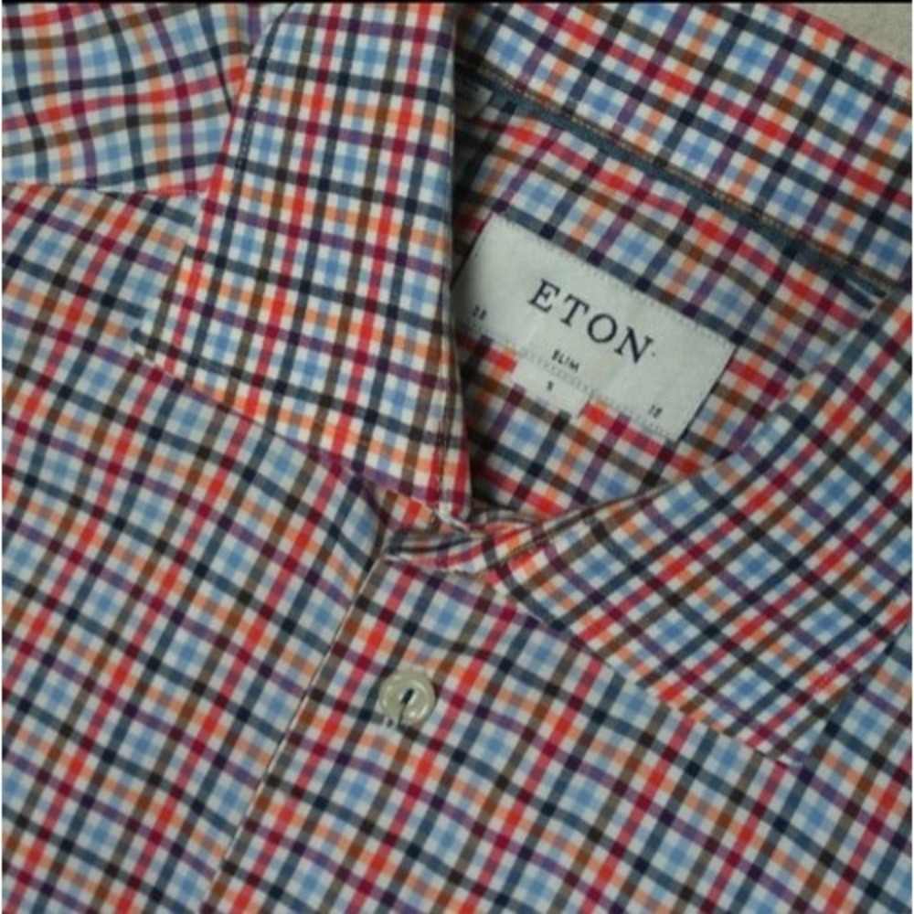 Eton Dress Shirt Mens 15 Multi Color Check Excellent Slim Fit Fine Twill 38